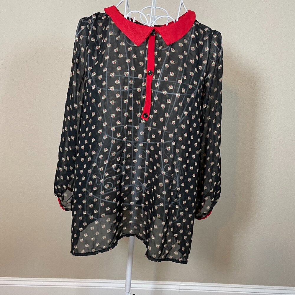 Paper Crane Women's Red/Black Floral Neck Sheer Blouse Sz M